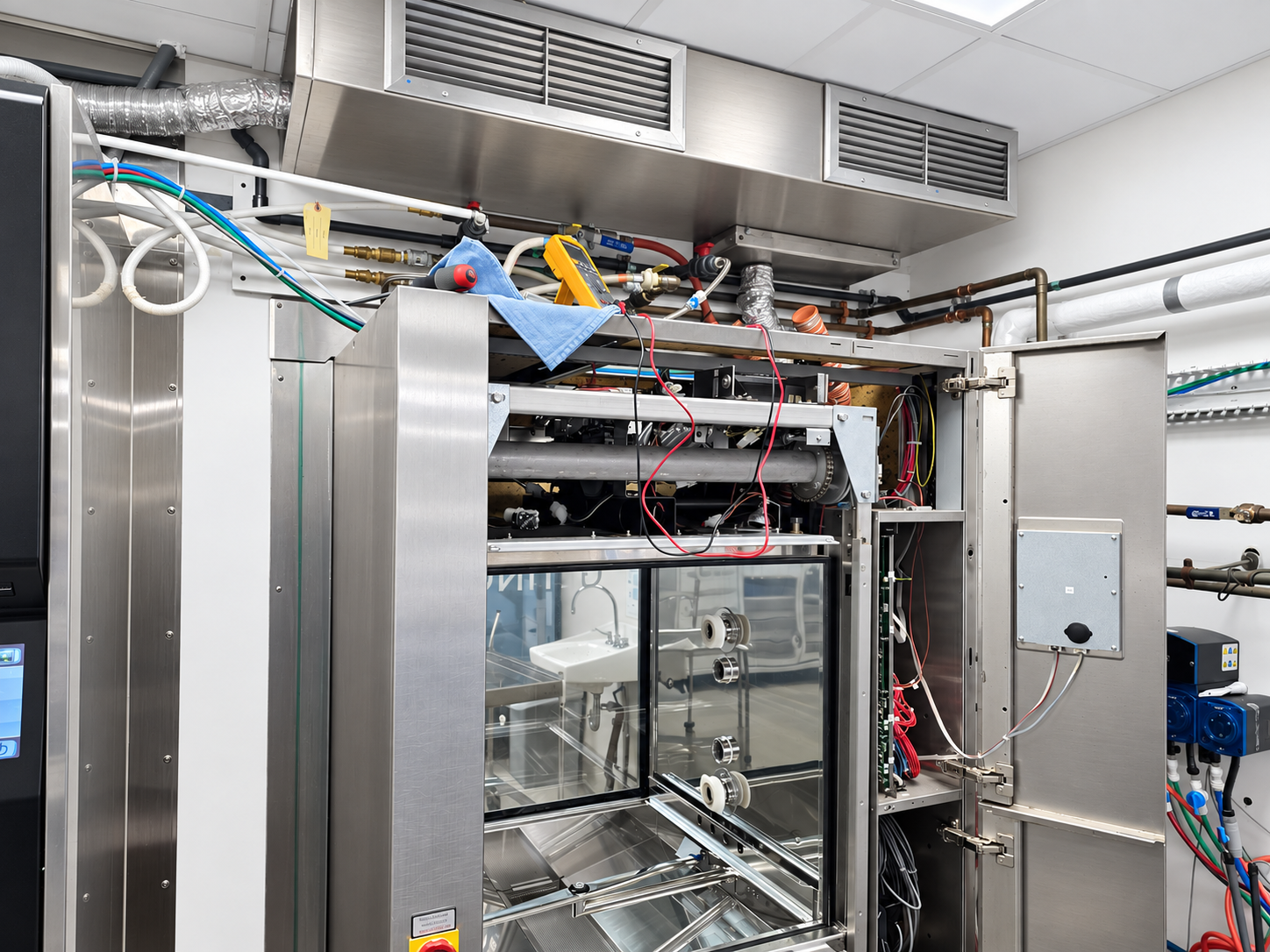 Washer-disinfector with service panels open and diagnostic equipment connected