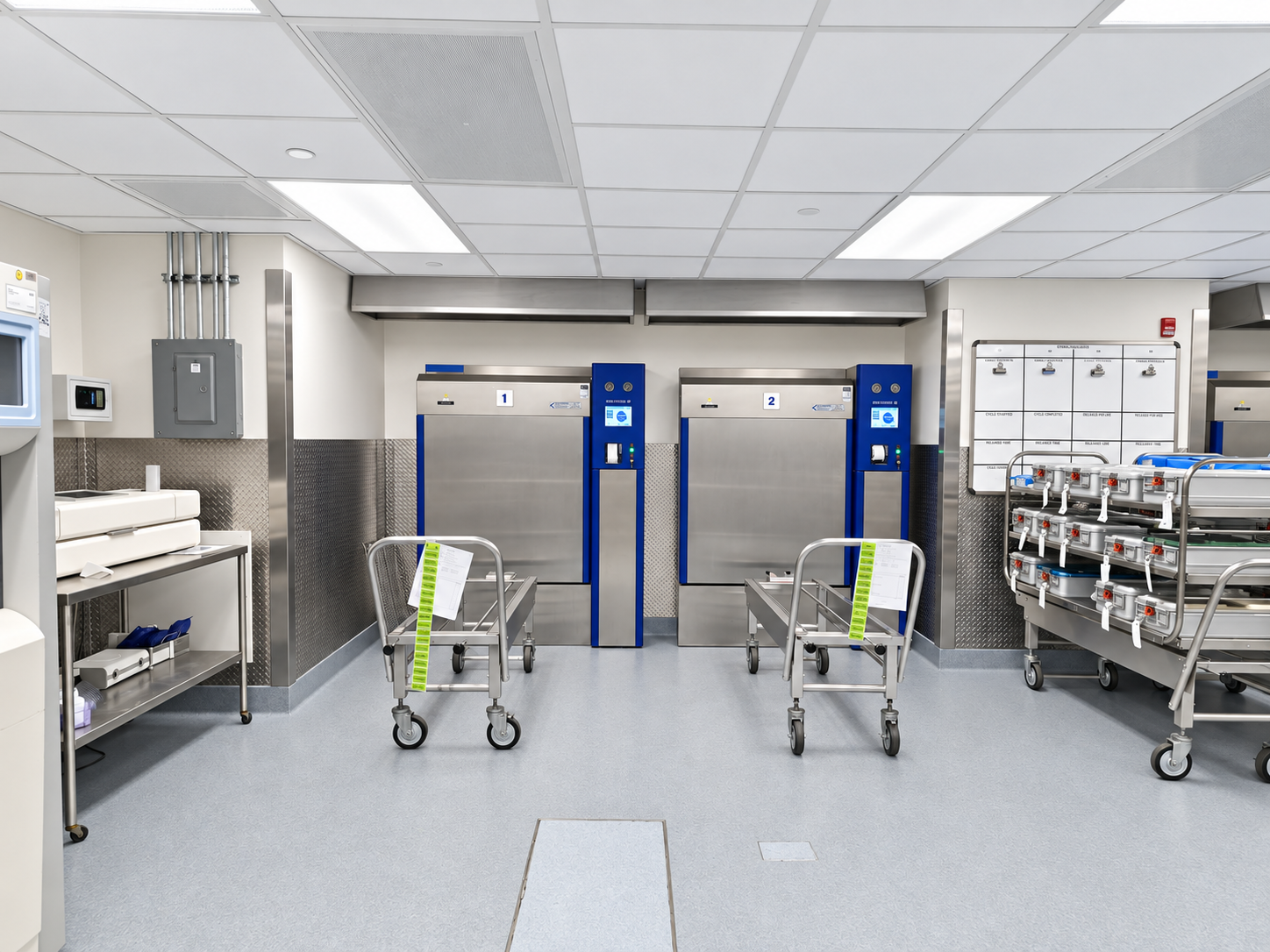 Installed steam sterilizers and loading carts inside a sterile processing department