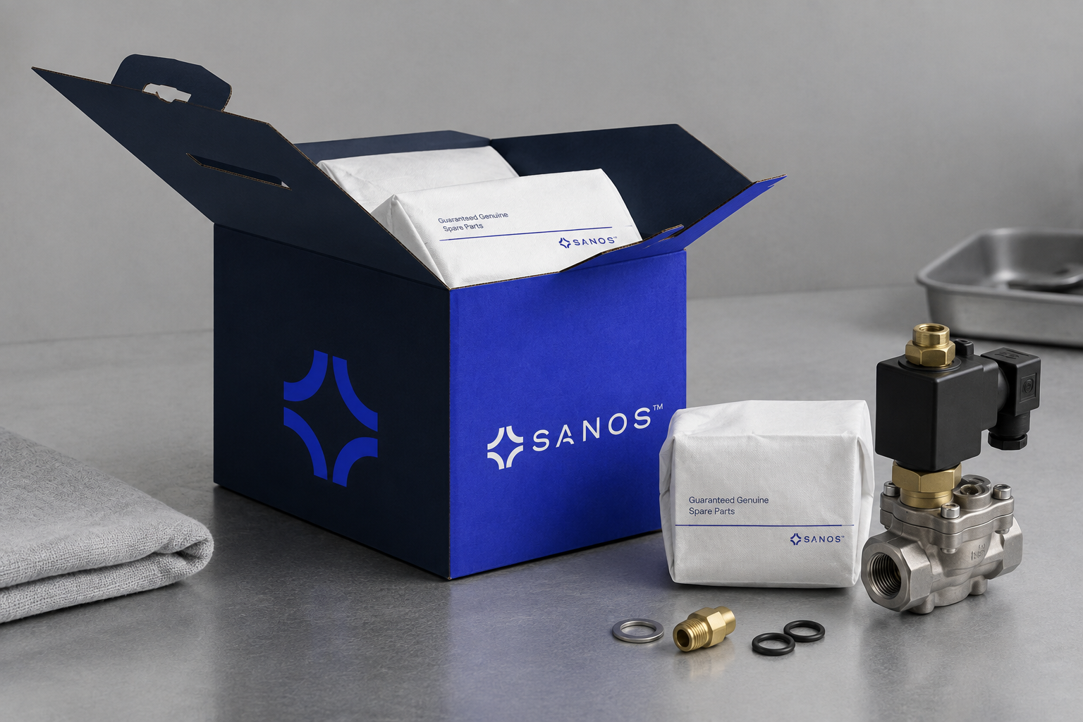 Illustration of Sanos blue and navy spare-parts packaging, wrapped components, and an industrial valve