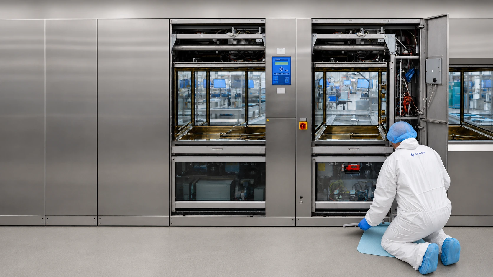 Sanos technician kneeling in front of a washer-disinfector with its service panel open
