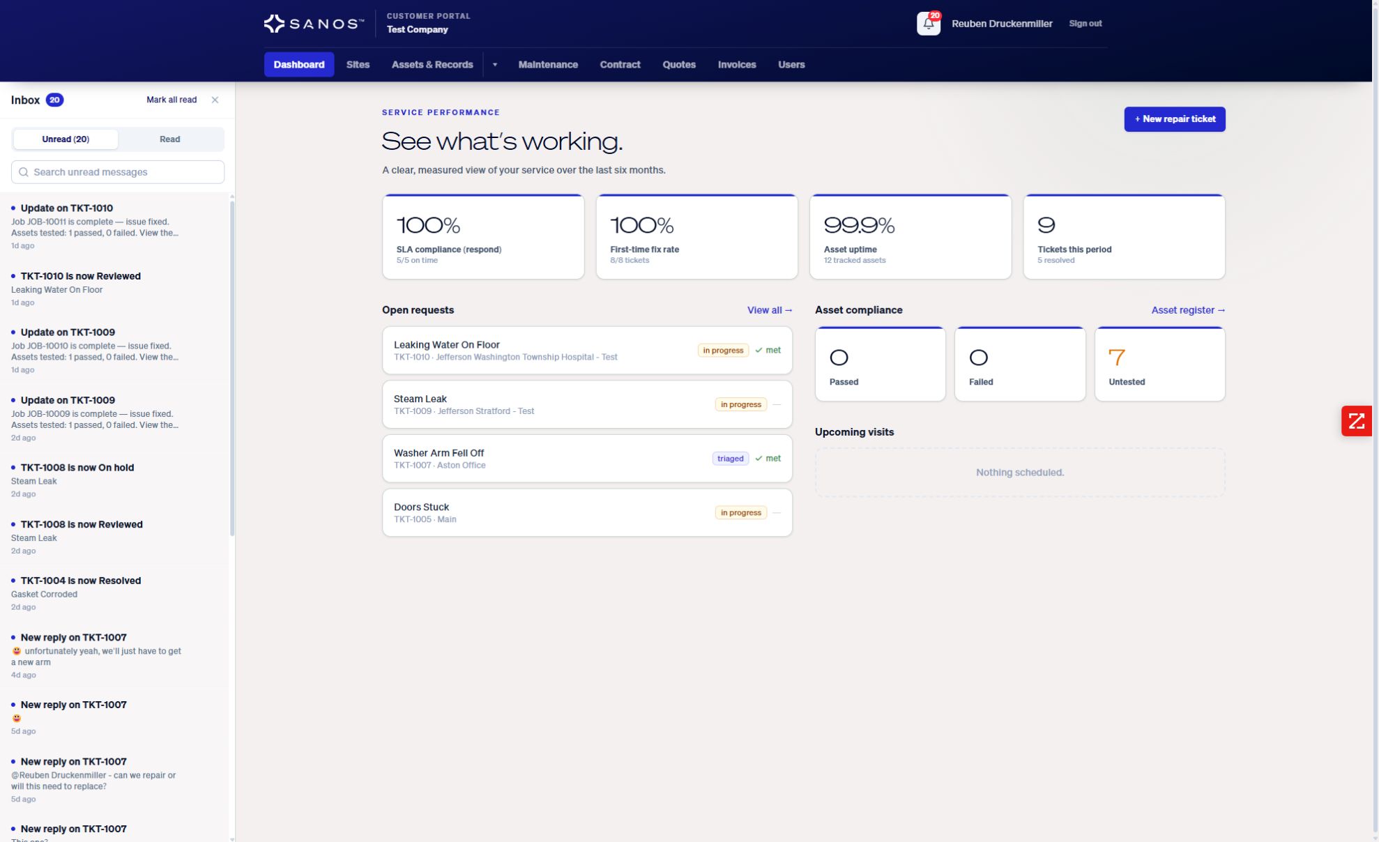 Sanos customer portal inbox showing example messages and service conversations