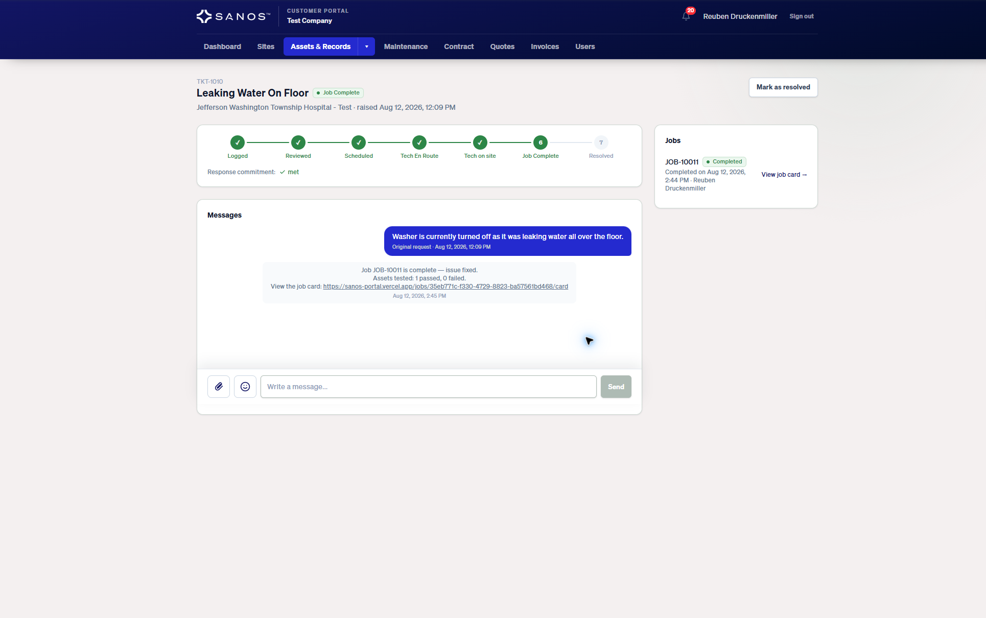 Sanos customer portal showing the timeline and history of an example service request